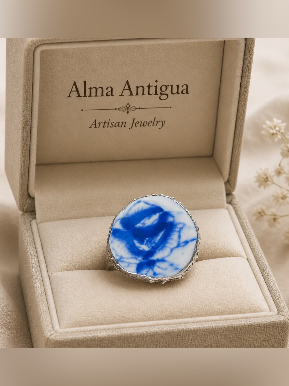 Artisan Silver & Blue Willow China Statement Cocktail Rose Ring Size 9